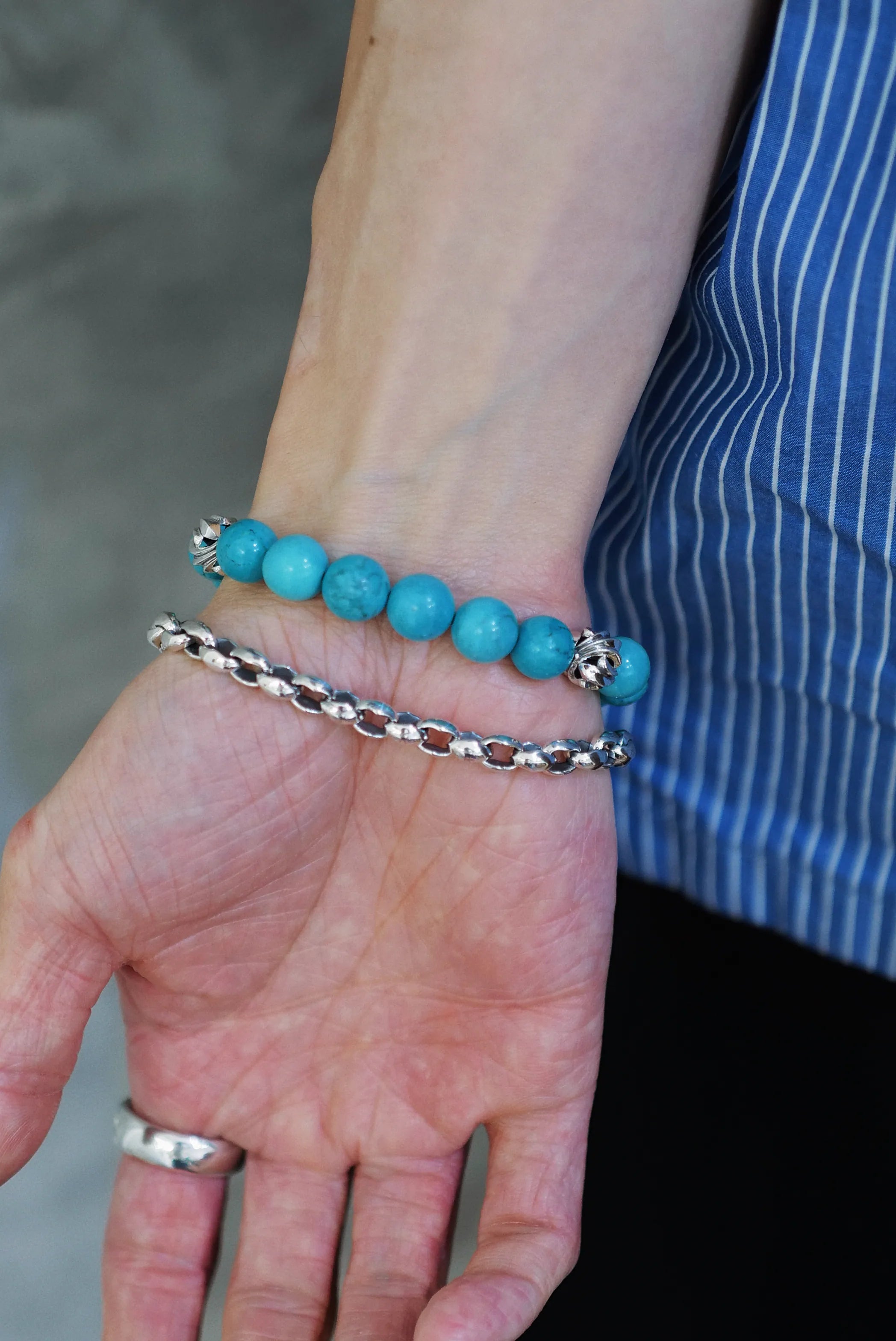 10mm Turquoise Three Chrome Beads Bracelet